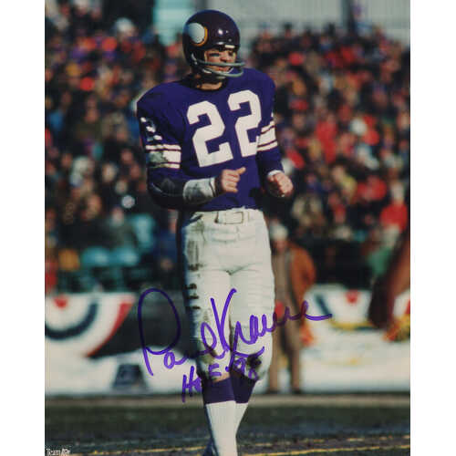 Paul Krause Signed Vikings Purple Jersey Action 8x10 Photo w/HOF'98 - (In Purple)