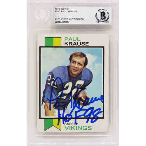 Paul Krause Signed Minnesota Vikings 1973 Topps Football Card #380 w/HOF'98 - (Beckett Encapsulated)