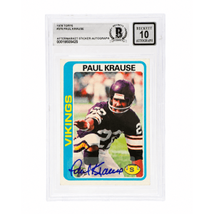 Paul Krause Signed Minnesota Vikings 1978 Topps Football Card #378 - (Beckett - Auto Sticker - Grade 10)