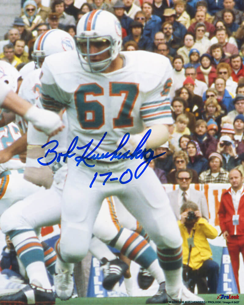 Bob Kuechenberg Signed Miami Dolphins White Jersey Action 8×10 Photo w/17-0  – Schwartz Sports Memorabilia