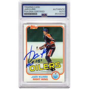 Jari Kurri Signed Edmonton Oilers 1981-82 Topps Rookie Hockey Card #18 w/HOF'01 - (PSA Encapsulated)