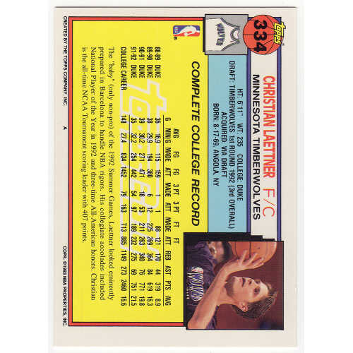 Christian Laettner Signed Minnesota Timberwolves 1992-93 Topps GOLD Rookie Basketball Card #334 - Image 2