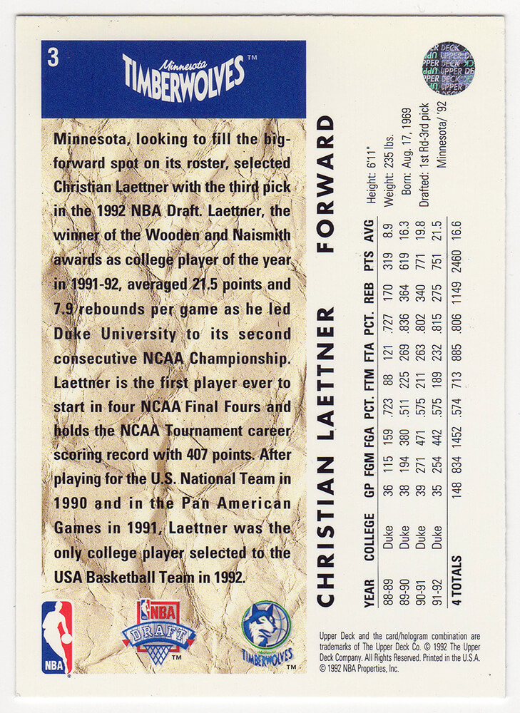 Christian Laettner Signed Minnesota Timberwolves 1992-93 Upper Deck Rookie Basketball Card #3 - Image 2