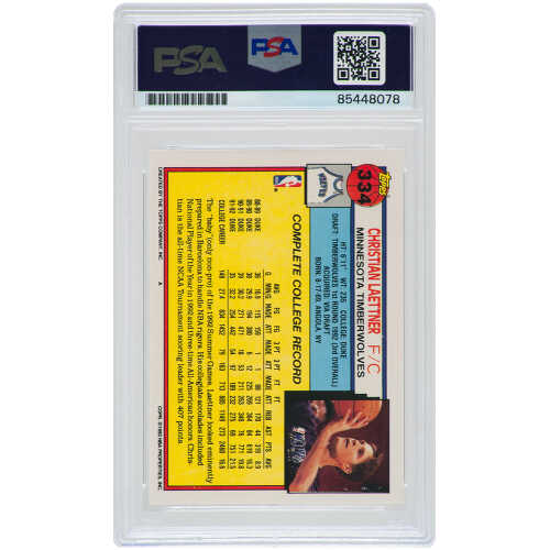 Christian Laettner Signed Timberwolves 1992-93 Topps Rookie Basketball Card #334 - (PSA Encapsulated) - Image 2