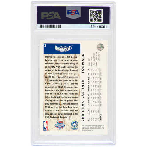 Christian Laettner Signed Timberwolves 1992-93 Upper Deck Rookie Basketball Card #3 - (PSA Encapsulated) - Image 2