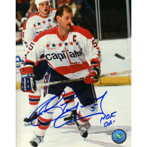 Rod Langway Signed Capitals White Jersey Holding Stick Action 8x10 Photo w/HOF'02