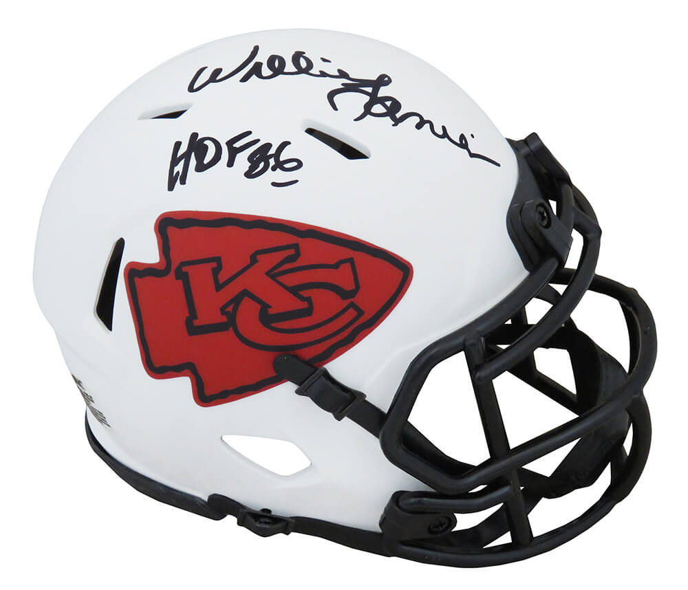 Schwartz Sports Memorabilia LANMIN331 Willie Lanier Signed Kansas City Chiefs Lunar Eclipse White Matte Riddell Speed Mini Helmet with HOF 1986 Inscri