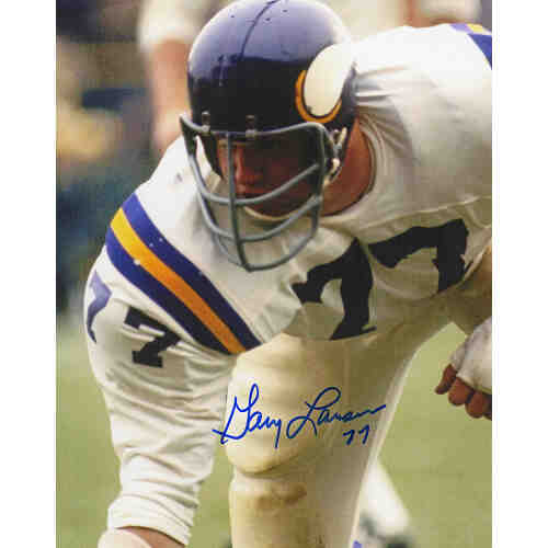 Gary Larsen Signed Vikings White Jersey Stance 8x10 Photo