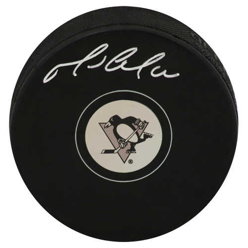 Mario Lemieux Signed Pittsburgh Penguins Team Logo Hockey Puck (In Silver) - (PSA Holo)