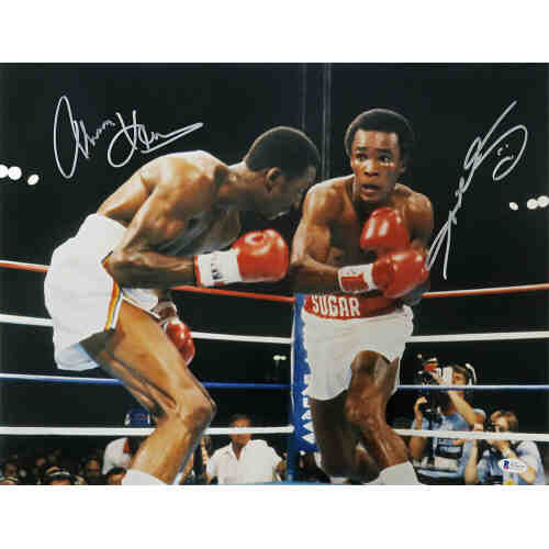 Sugar Ray Leonard & Thomas Hearns Dual Signed Boxing Action 16x20 Photo (Beckett)