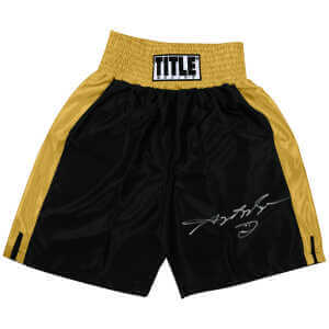 Sugar Ray Leonard Signed Title Black With Gold Trim Boxing Trunks
