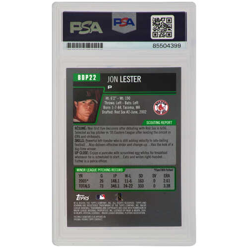 Jon Lester Signed Boston Red Sox 2006 Bowman Draft Gold Rookie Baseball Card #BDP22 - (PSA Encapsulated) - Image 2