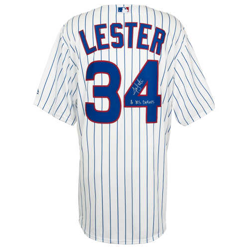 Jon Lester Signed Chicago Cubs White Pinstripe Majestic Replica Baseball Jersey w/16 WS Champs
