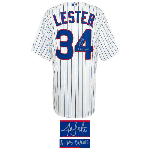 Jon Lester Signed Chicago Cubs White Pinstripe Majestic Replica Baseball Jersey w/16 WS Champs - Image 2