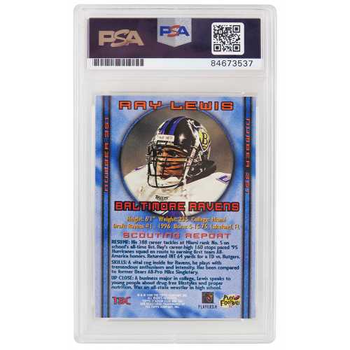 Ray Lewis Signed Baltimore Ravens 1996 Topps Stadium Club Football Rookie Card #351 (PSA Encapsulated) - Image 2