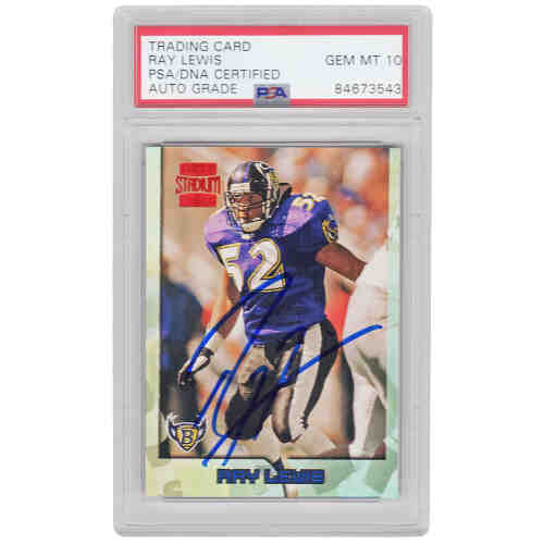 Ray Lewis Signed Baltimore Ravens 1996 Topps Stadium Club Football Rookie Card #351 (PSA Encapsulated - Auto Grade 10)