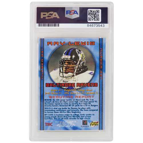 Ray Lewis Signed Baltimore Ravens 1996 Topps Stadium Club Football Rookie Card #351 (PSA Encapsulated - Auto Grade 10) - Image 2