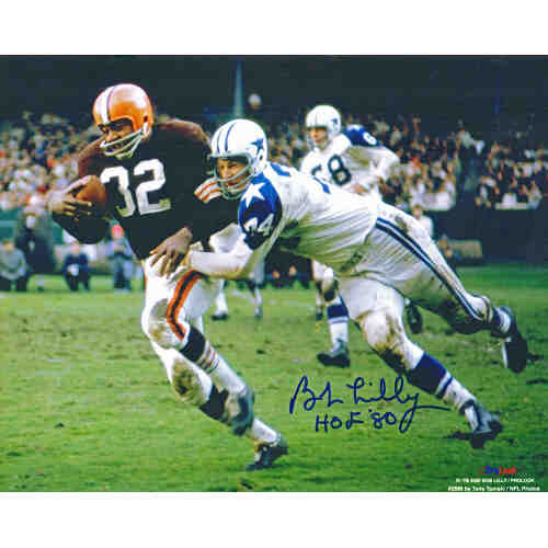 Bob Lilly Signed Dallas Cowboys Tackling Jim Brown 8x10 Photo w/HOF'80