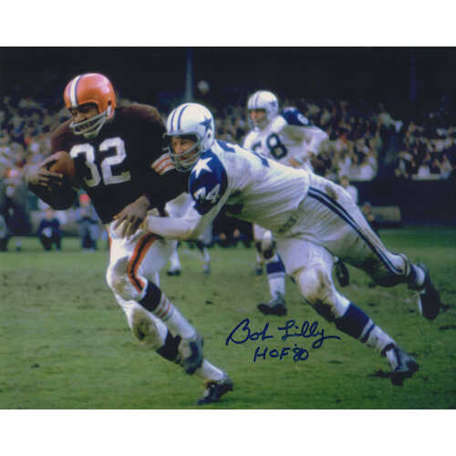 Bob Lilly Signed Cowboys Tackling Jim Brown 8x10 Photo w/HOF'80