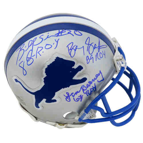 Barry Sanders, Lem Barney & Billy Sims Signed Lions T/B Riddell Mini Helmet w/ROY 89, DROY 67, 80 ROY