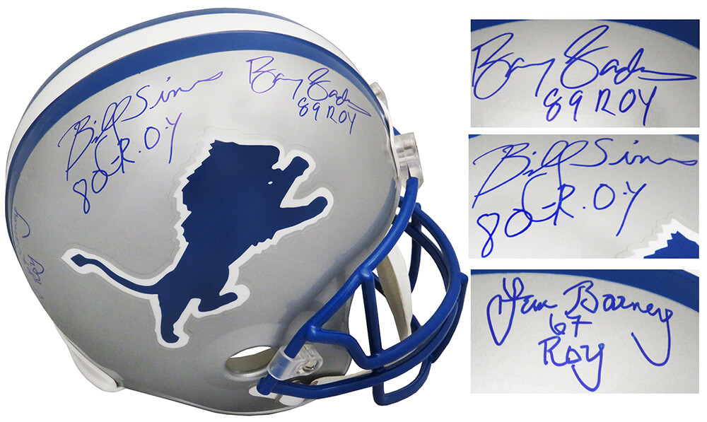 Barry Sanders, Lem Barney & Billy Sims Signed Detroit Lions Throwback  Riddell Full Size Replica Helmet w/ROY Insc.