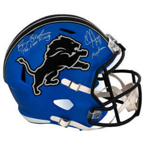 Barry Sanders & Calvin Johnson Signed Lions 2024 Alt Riddell Full Size Speed Replica Helmet w/Lion King & Megatron