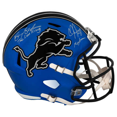 Barry Sanders & Calvin Johnson Signed Lions 2024 Alt Riddell Full Size Speed Replica Helmet w/Lion King & Megatron