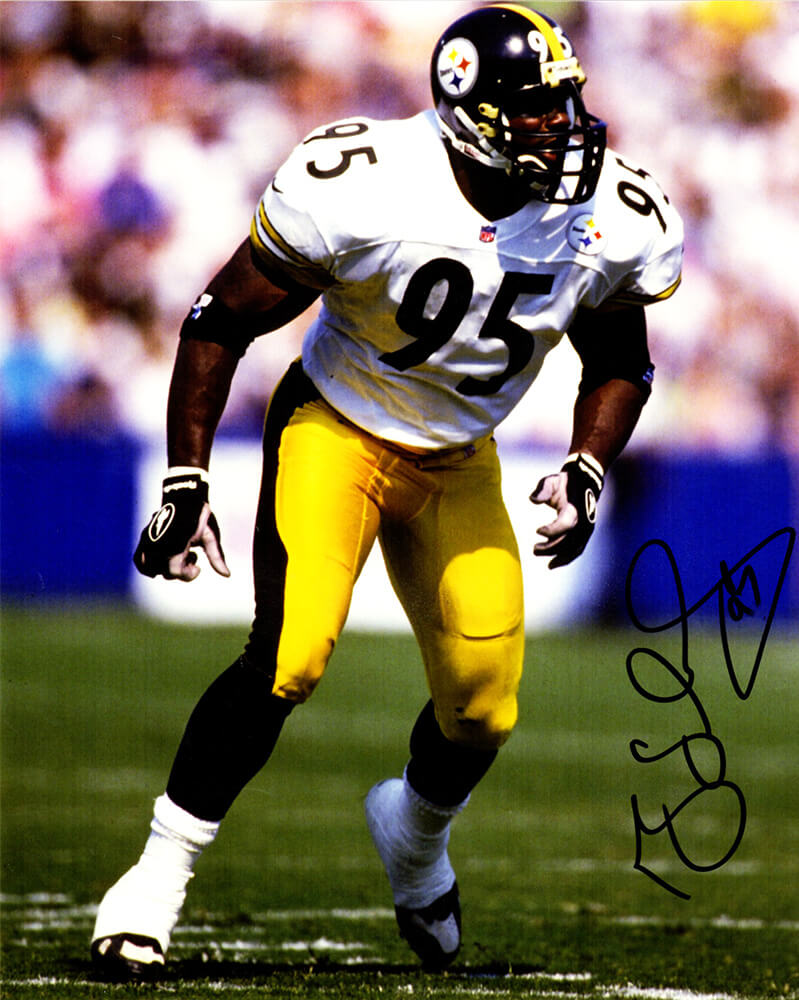 Greg Lloyd Signed Pittsburgh Steelers White Jersey Action 8x10 Photo