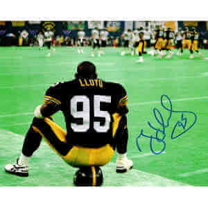 Greg Lloyd Signed Steelers Sitting On Helmet 8x10 Photo