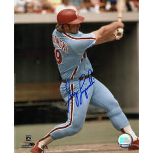 Greg Luzinski Signed Philadelphia Phillies Blue Jersey Batting 8x10 Photo