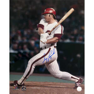 Greg Luzinski Signed Philadelphia Phillies White Jersey Swinging Action 16x20 Photo