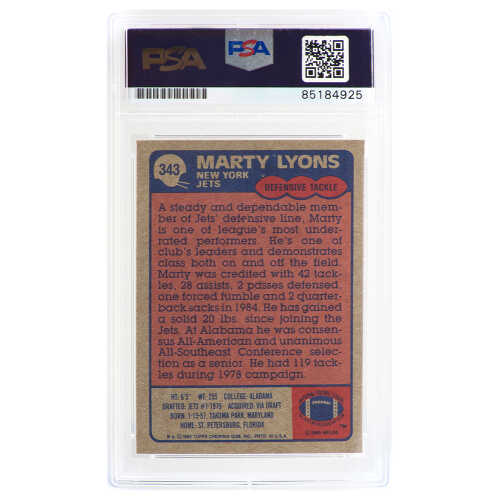 Marty Lyons Signed New York Jets 1985 Topps Football Trading Card #343 - (PSA Encapsulated) - Image 2