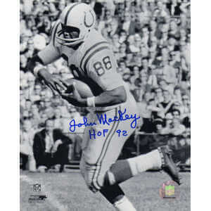John Mackey Signed Colts B&W With Football 8x10 Photo w/HOF'92
