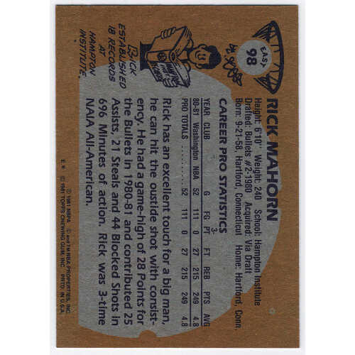 Rick Mahorn Signed Washington Bullets 1981-82 Topps Rookie Basketball Card #98E - Image 2