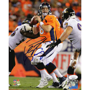 Peyton Manning Signed Denver Broncos Orange Jersey Action vs Ravens 8x10 Photo- (JSA)