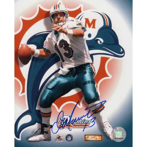 Dan Marino Signed Miami Dolphins Logo Background Action 8x10 Photo