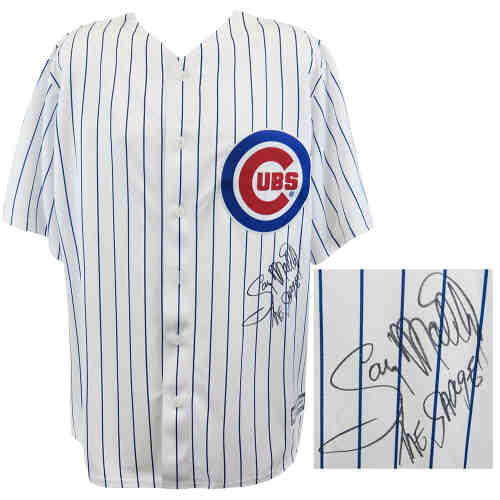 Gary Matthews Signed Chicago Cubs White Pinstripe Majestic Replica Baseball Jersey w/Sarge