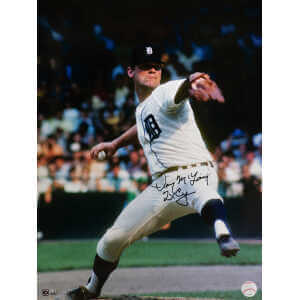 Denny McLain Signed Detroit Tigers White Jersey Pitching Action 16x20 w/2x CY