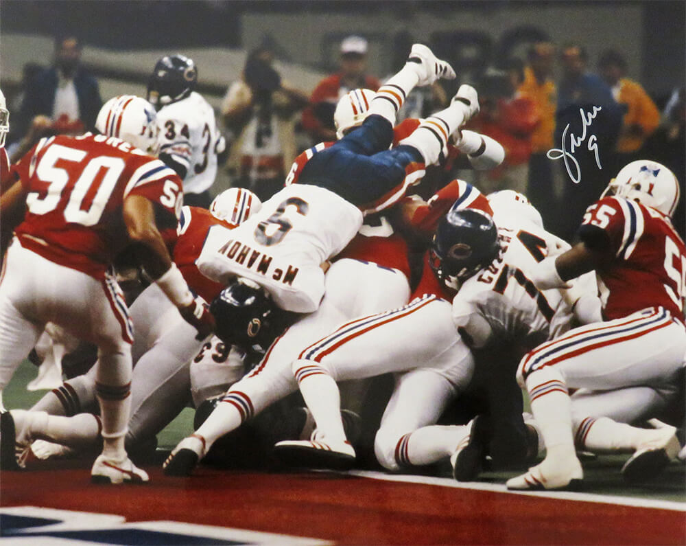 Jim McMahon Signed Bears SB XX Touchdown Dive vs Patriots 16x20 Photo