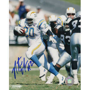 Natrone Means Signed Chargers White Jersey Action vs. Raiders 8x10 Photo