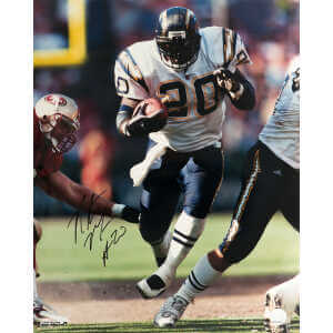 Natrone Means Signed Chargers White Jersey With Football vs 49ers Action 16x20 Photo