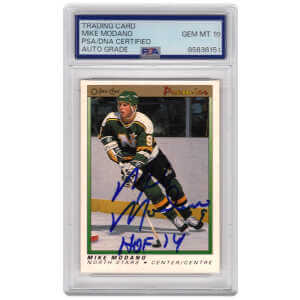 Mike Modano Signed North Stars 1990-91 O-Pee-Chee Premier Hockey Rookie Card #74 w/HOF&rsquo;14 &ndash; (PSA Encapsulated &ndash; Auto Grade 10)