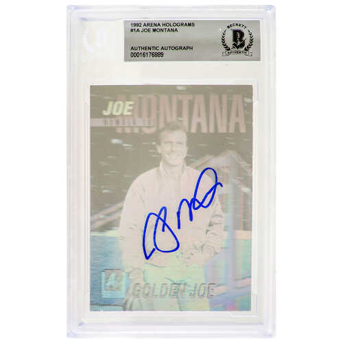 Joe Montana Signed 49ers 1992 Arena Hologram Football Trading Card #1A  - (Beckett Encapsulated)