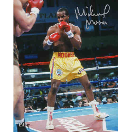 Michael Moorer Signed Boxing Gold Trunks Action 8x10 Photo