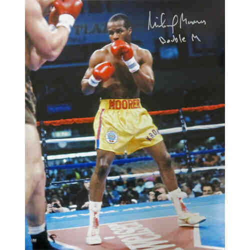 Michael Moorer Signed Boxing Gold Trunks Action 16x20 Photo w/Double M