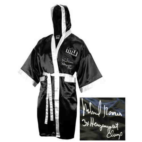 Michael Moorer Signed Title Black Full Length Boxing Robe w/3x Heavyweight Champ