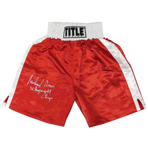 Michael Moorer Signed Title Red Boxing Trunks w/3x Heavyweight Champ