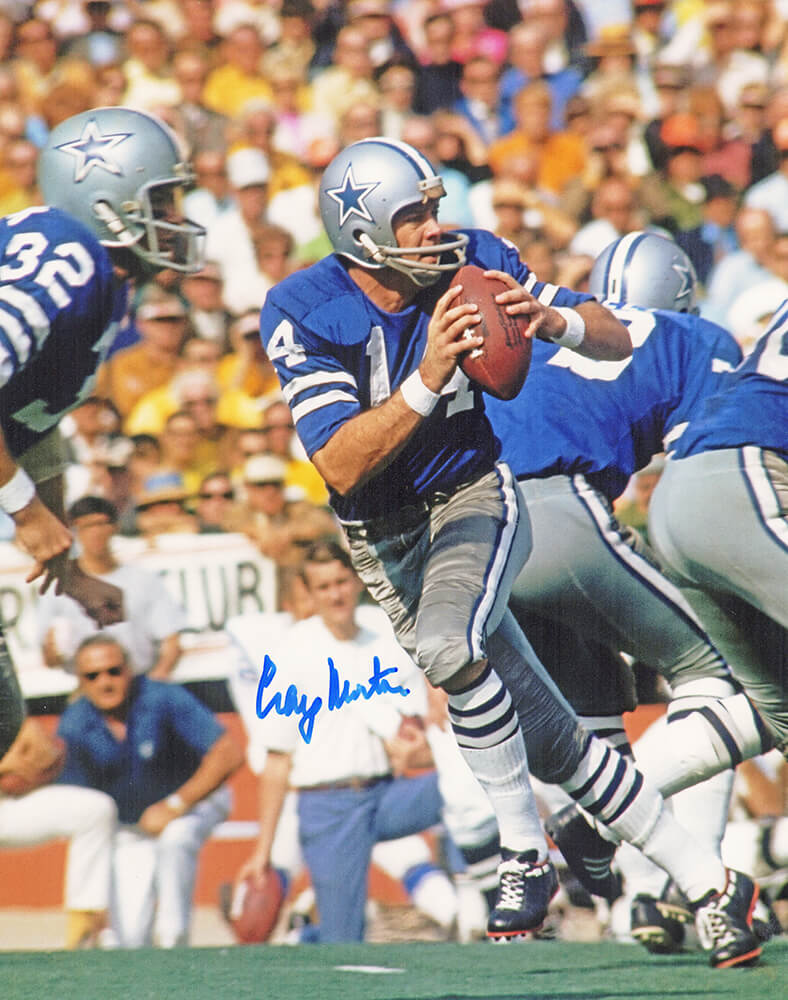 Craig Morton Signed Dallas Cowboys Navy Jersey Drop Back Action 8x10 Photo