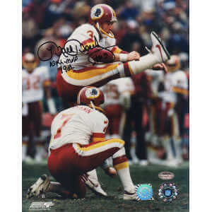 Mark Moseley Signed Washington Football Team White Jersey Kicking Action 8x10 Photo w/NFL MVP 1982