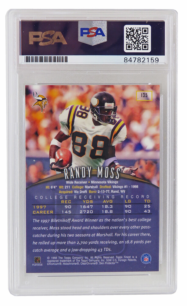 Randy Moss Signed Minnesota Vikings 1998 Topps Finest Rookie Football  Trading Card #135 (PSA Encapsulated) – Schwartz Sports Memorabilia